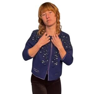 60s S/M Beaded Wool Cardigan Coquette Heirloom Sapphire Blue Old Money Knit